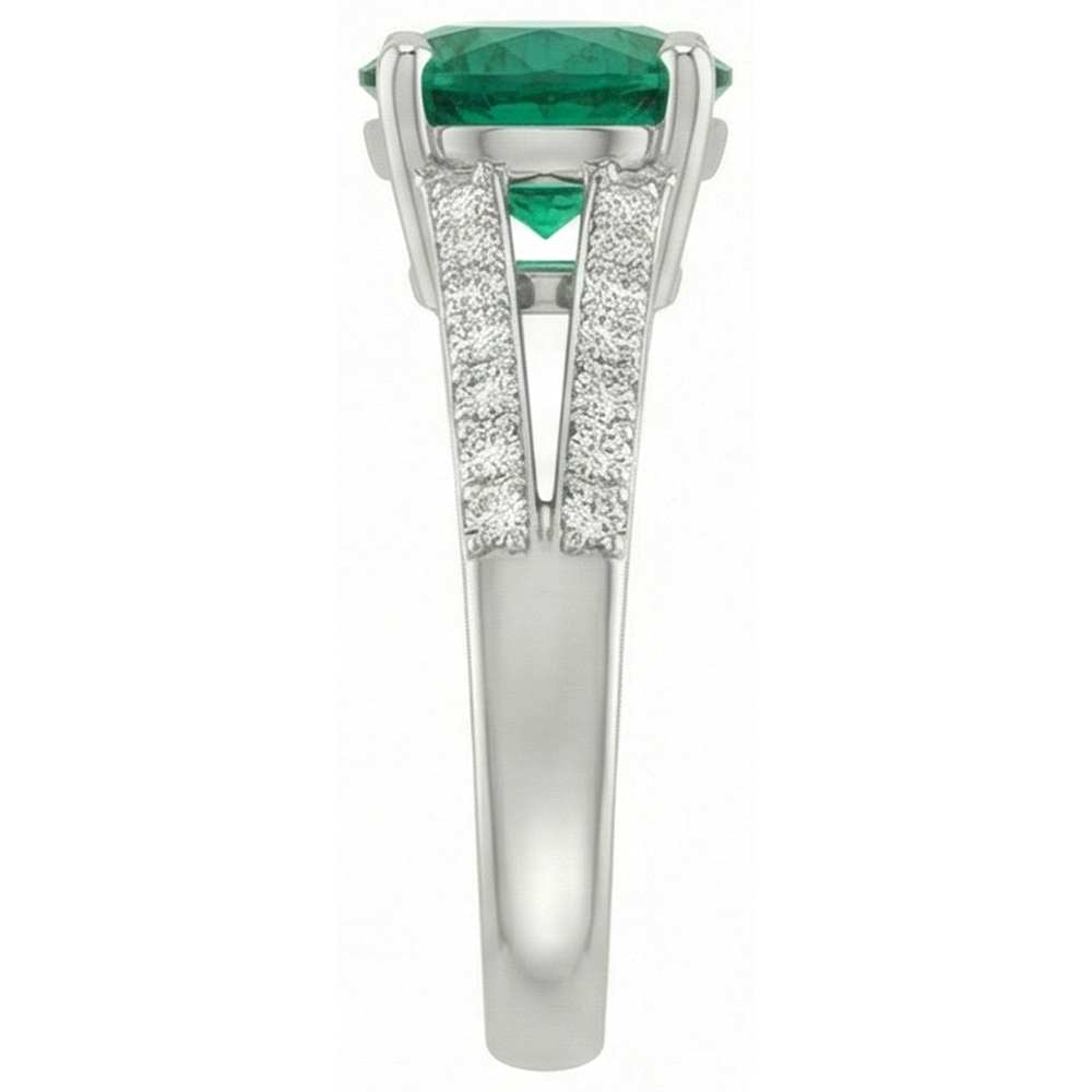 3 Carats Gemstone Round Green Emerald GIA & Natural Earth Mined Diamonds Ring White Gold