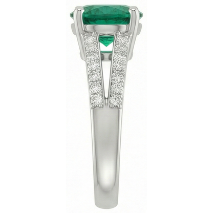 3 Carats Gemstone Round Green Emerald GIA & Natural Earth Mined Diamonds Ring White Gold