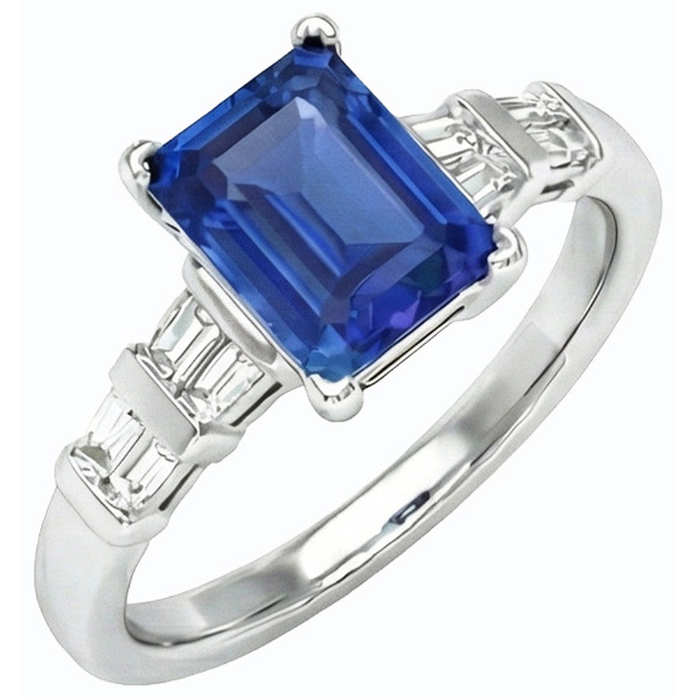 3 Carats Gold Emerald Ceylon Sapphire Ring With Baguette Natural Earth Mined Diamonds