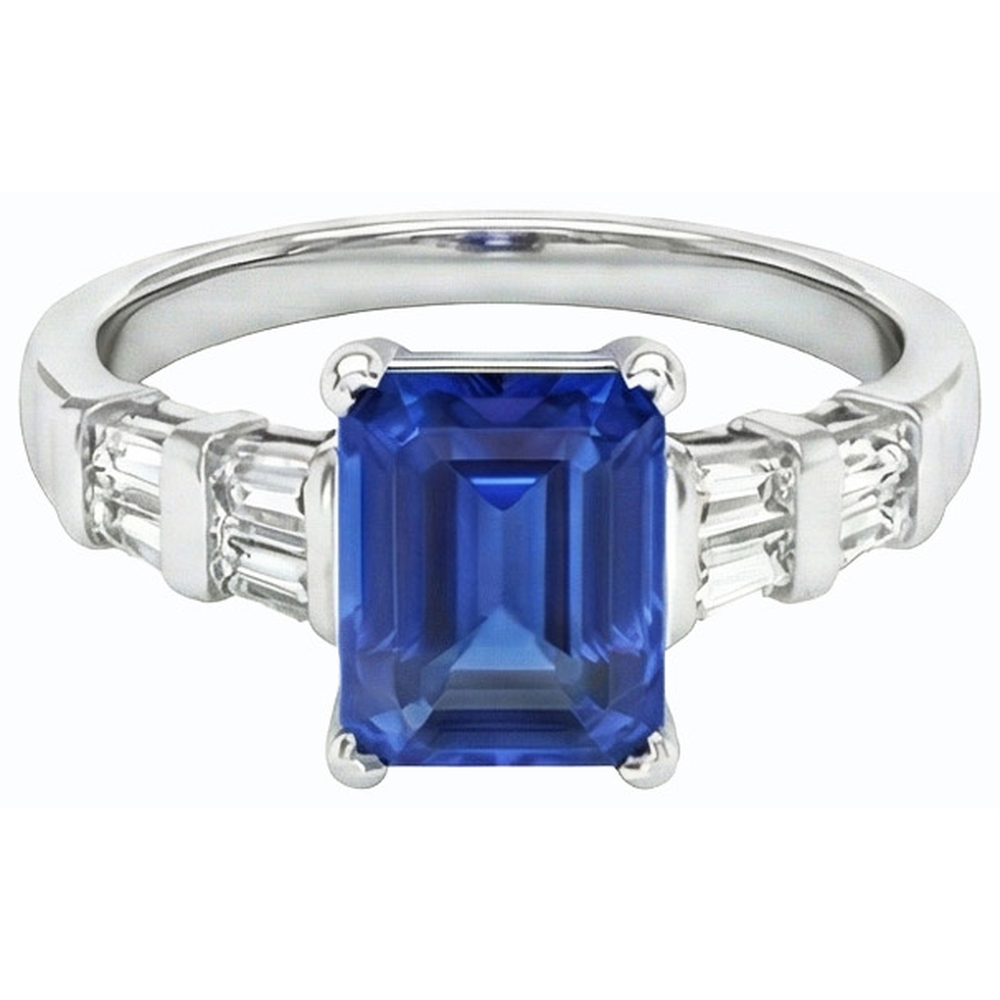 3 Carats Gold Emerald Ceylon Sapphire Ring With Baguette Natural Earth Mined Diamonds