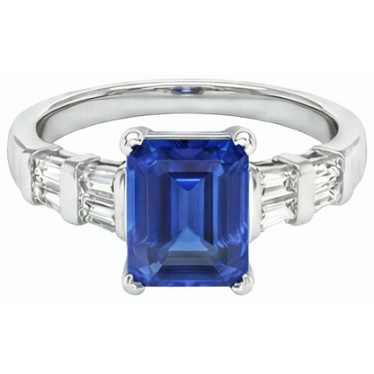 3 Carats Gold Emerald Ceylon Sapphire Ring With Baguette Natural Earth Mined Diamonds