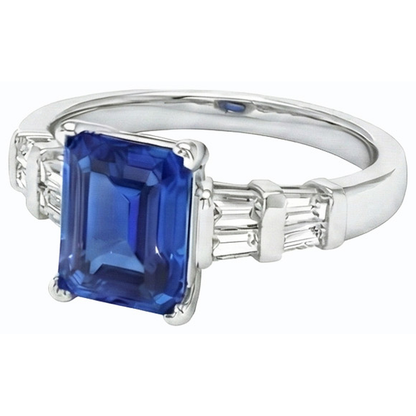 3 Carats Gold Emerald Ceylon Sapphire Ring With Baguette Natural Earth Mined Diamonds
