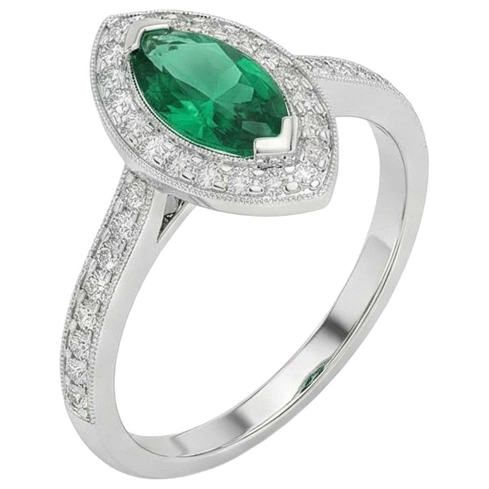 3 Carats Marquise Green Emerald GIA And Natural Earth Mined Diamond Engagement Ring White Gold 14K