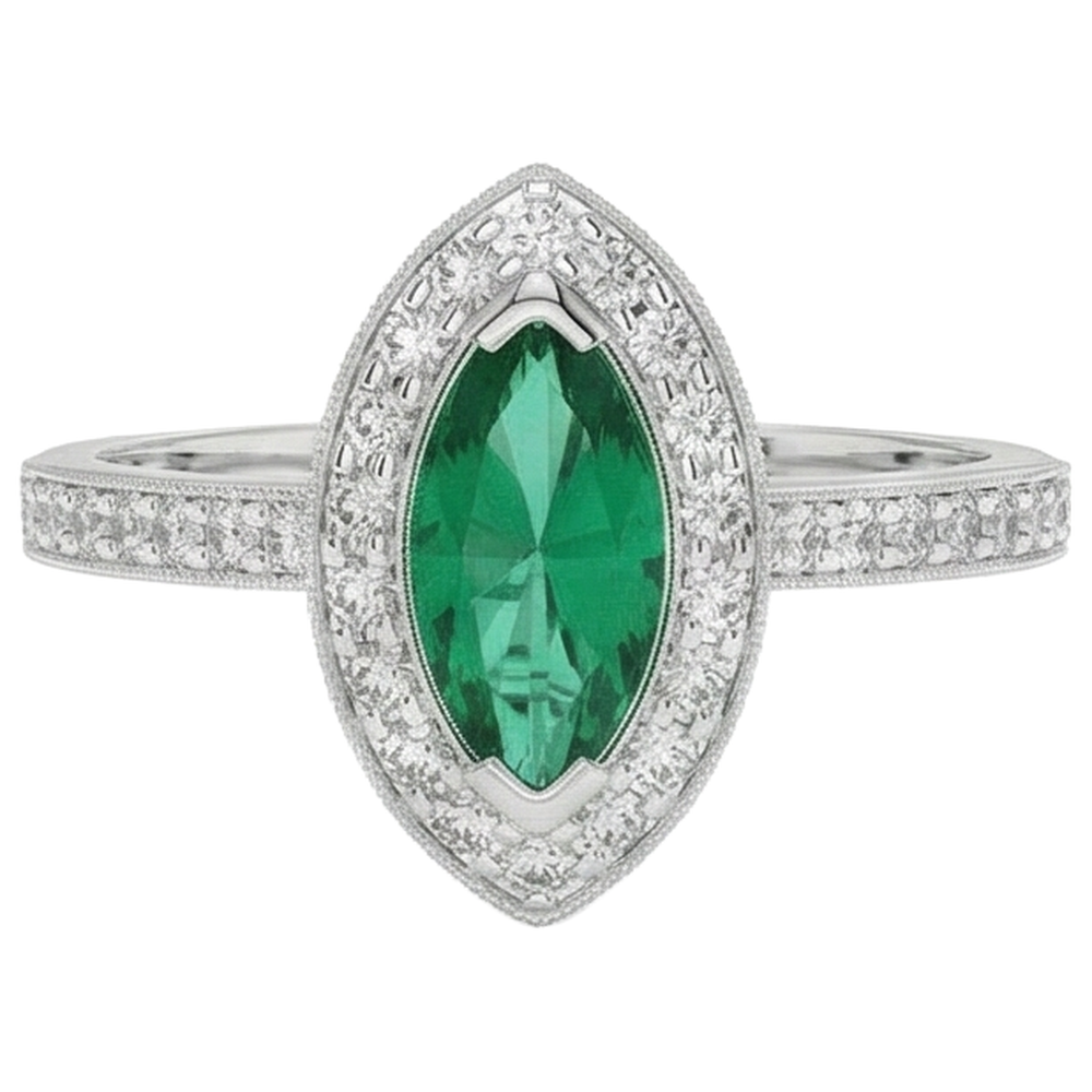 3 Carats Marquise Green Emerald GIA And Natural Earth Mined Diamond Engagement Ring White Gold 14K