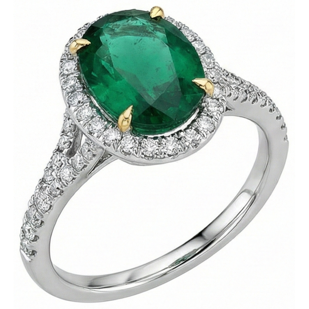 3 Carats Oval Cut Green Emerald GIA With Natural Earth Mined Diamond Ring White Gold 14K