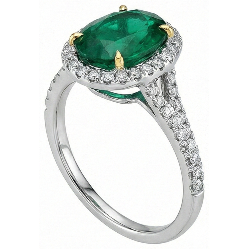 3 Carats Oval Cut Green Emerald GIA With Natural Earth Mined Diamond Ring White Gold 14K