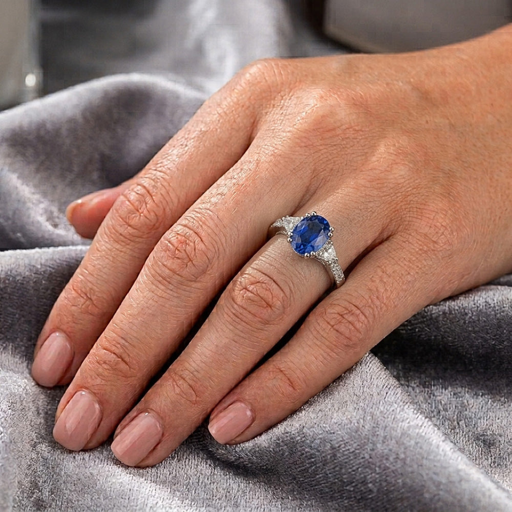 3 Carats Oval Sri Lanka Blue Sapphire Natural Earth Mined Diamonds Anniversary Ring