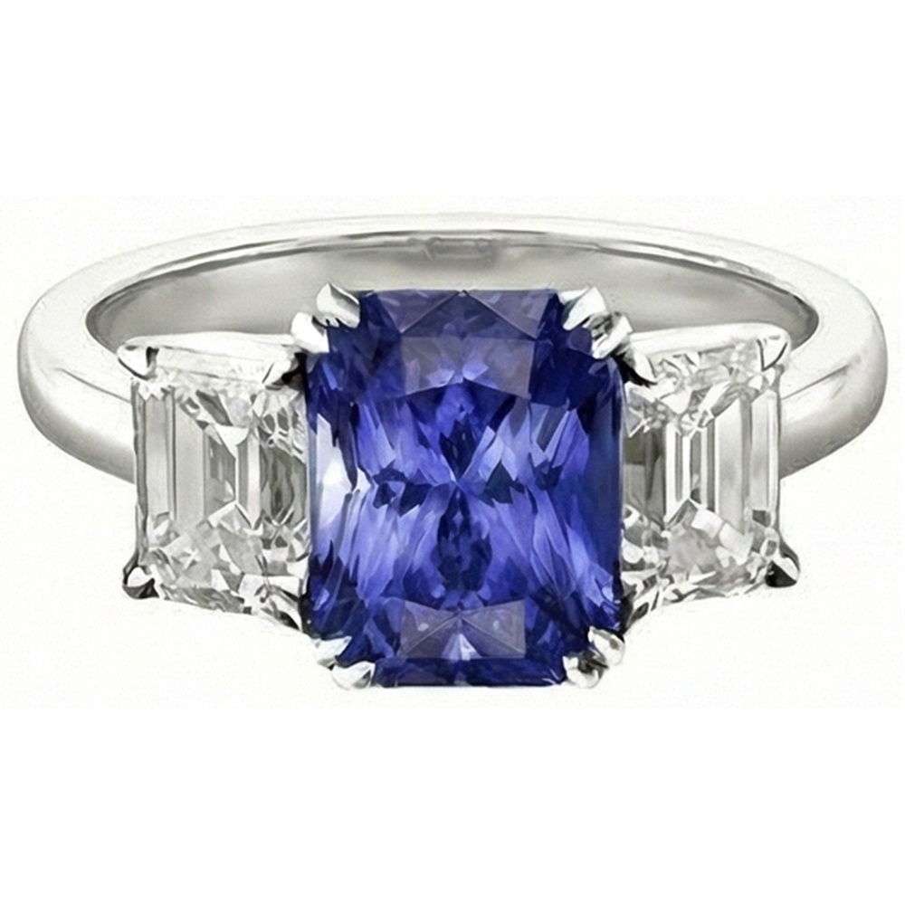 3 Carats Three Stone Emerald Natural Earth Mined Diamond & Radiant Shape Sapphire Ring