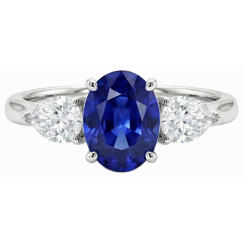 3 Carats Three Stone Oval Deep Blue Sapphire & Pear Natural Earth Mined Diamonds