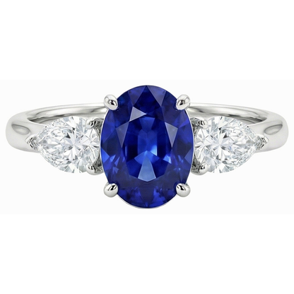 3 Carats Three Stone Oval Deep Blue Sapphire & Pear Natural Earth Mined Diamonds
