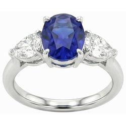 3 Carats Three Stone Oval Deep Blue Sapphire & Pear Natural Earth Mined Diamonds