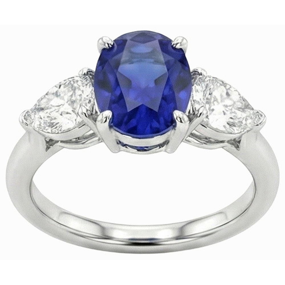 3 Carats Three Stone Oval Deep Blue Sapphire & Pear Natural Earth Mined Diamonds