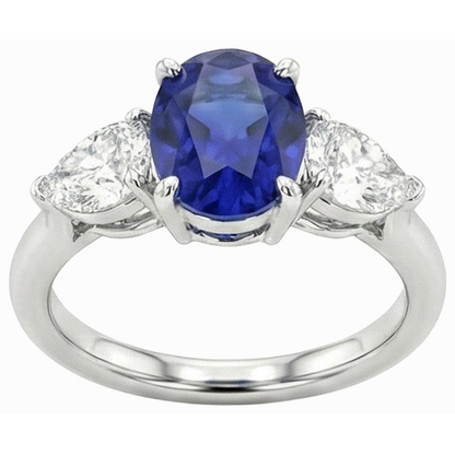 3 Carats Three Stone Oval Deep Blue Sapphire & Pear Natural Earth Mined Diamonds