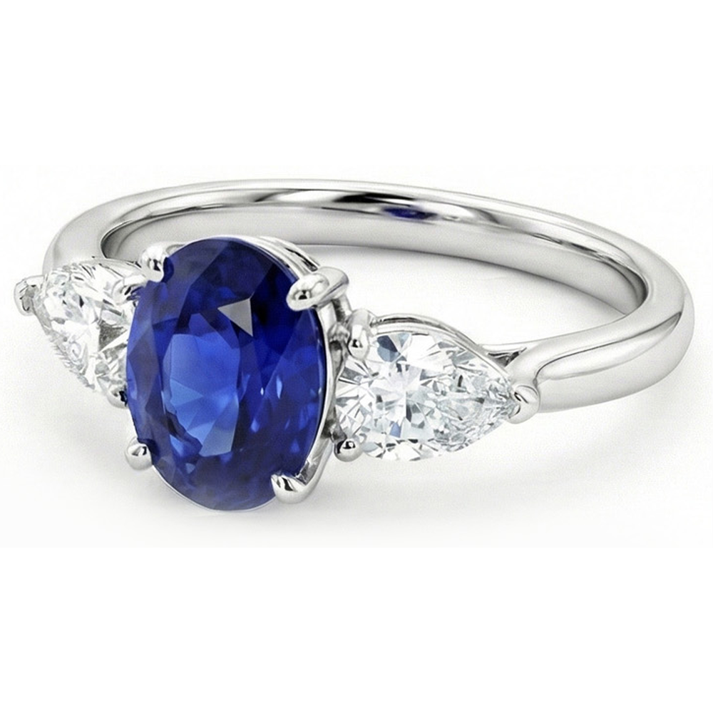 3 Carats Three Stone Oval Deep Blue Sapphire & Pear Natural Earth Mined Diamonds