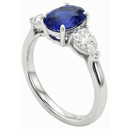 3 Carats Three Stone Oval Deep Blue Sapphire & Pear Natural Earth Mined Diamonds
