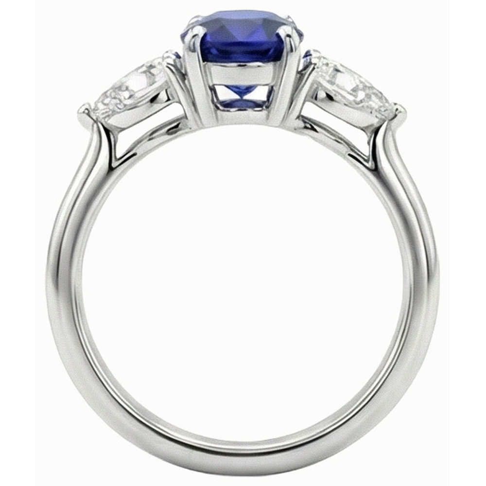 3 Carats Three Stone Oval Deep Blue Sapphire & Pear Natural Earth Mined Diamonds