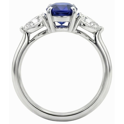 3 Carats Three Stone Oval Deep Blue Sapphire & Pear Natural Earth Mined Diamonds