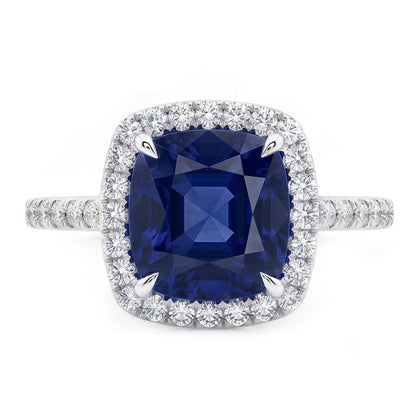 3 Ct Cushion Sri Lanka Blue Sapphire And Halo Natural Earth Mined Diamond Ring