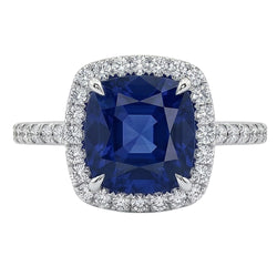 3 Ct Cushion Sri Lanka Blue Sapphire And Halo Natural Earth Mined Diamond Ring