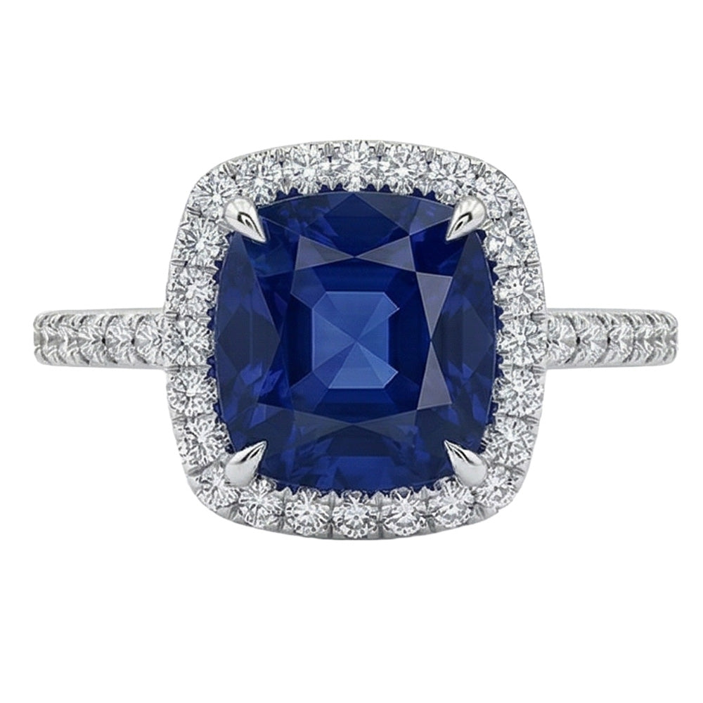 3 Ct Cushion Sri Lanka Blue Sapphire And Halo Natural Earth Mined Diamond Ring