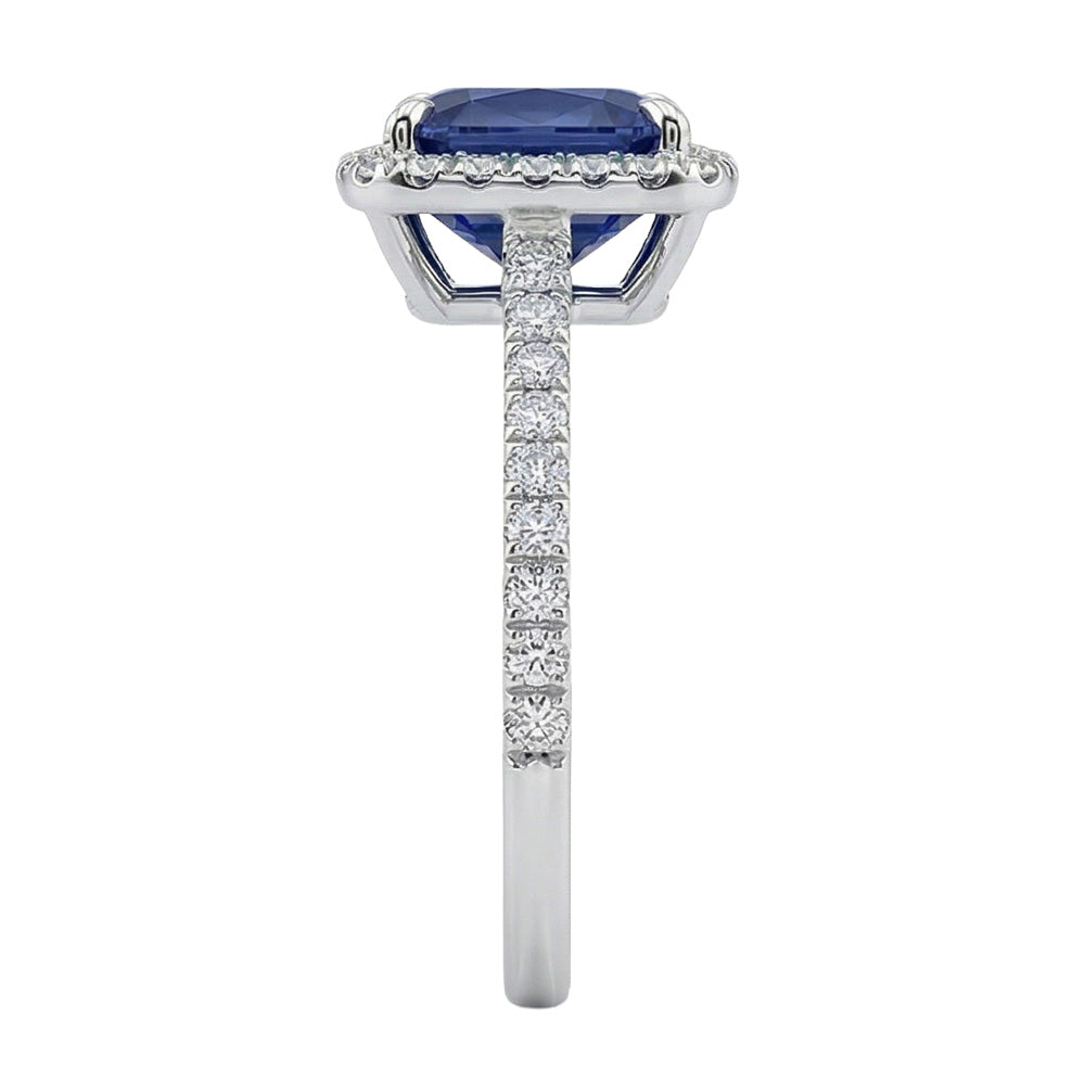 3 Ct Cushion Sri Lanka Blue Sapphire And Halo Natural Earth Mined Diamond Ring