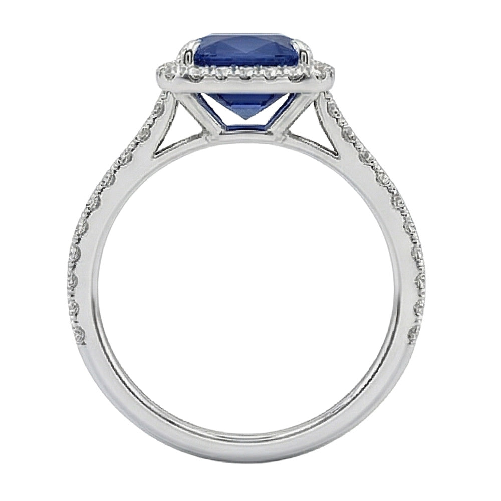 3 Ct Cushion Sri Lanka Blue Sapphire And Halo Natural Earth Mined Diamond Ring