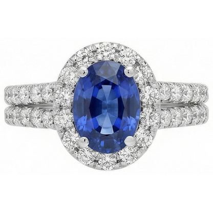 3 Ct Oval Blue Sapphire And Round Natural Earth Mined Diamonds Ring White Gold 14K