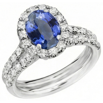 3 Ct Oval Blue Sapphire And Round Natural Earth Mined Diamonds Ring White Gold 14K