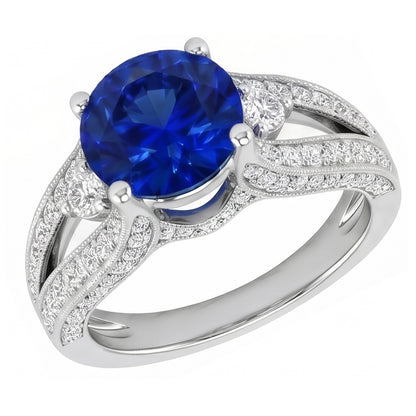 3 Ct Round Ceylon Sapphire And Natural Earth Mined Diamond Ring Solid White Gold 14K
