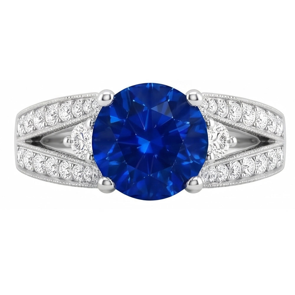 3 Ct Round Ceylon Sapphire And Natural Earth Mined Diamond Ring Solid White Gold 14K