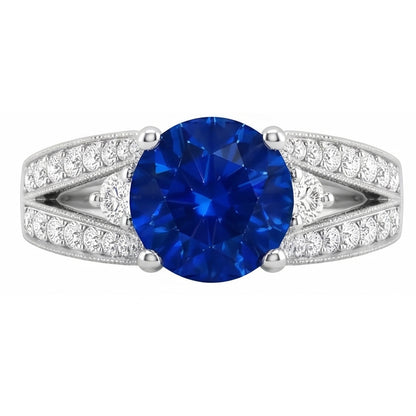 3 Ct Round Ceylon Sapphire And Natural Earth Mined Diamond Ring Solid White Gold 14K