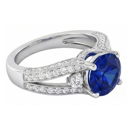 3 Ct Round Ceylon Sapphire And Natural Earth Mined Diamond Ring Solid White Gold 14K
