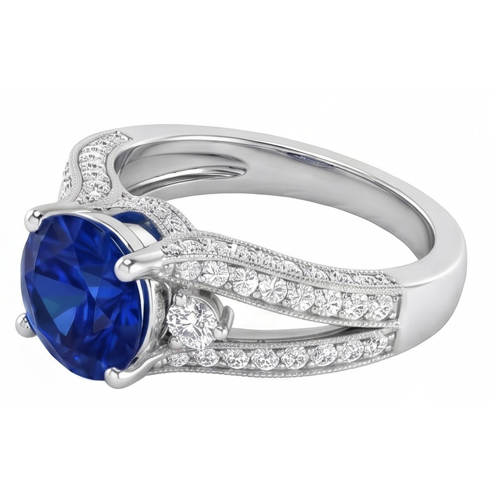 3 Ct Round Ceylon Sapphire And Natural Earth Mined Diamond Ring Solid White Gold 14K
