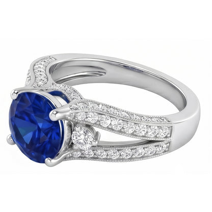 3 Ct Round Ceylon Sapphire And Natural Earth Mined Diamond Ring Solid White Gold 14K