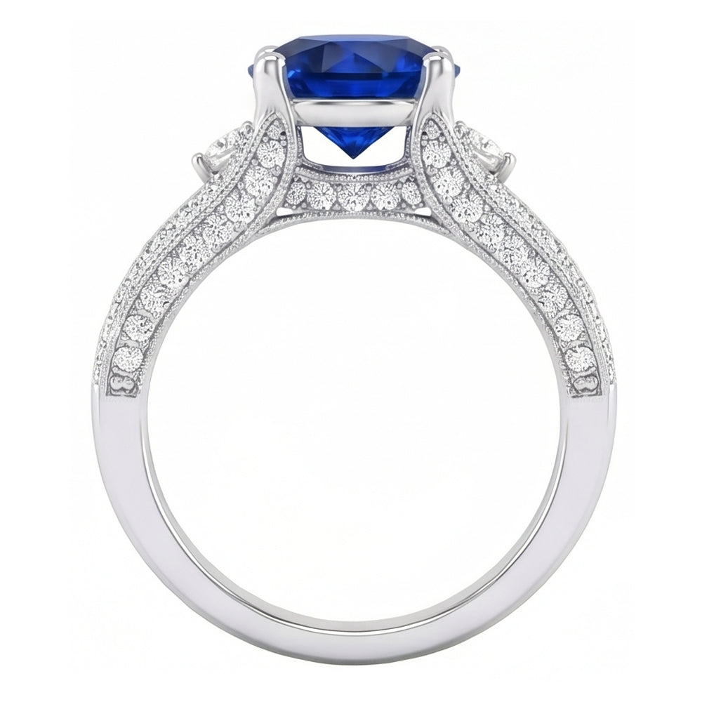 3 Ct Round Ceylon Sapphire And Natural Earth Mined Diamond Ring Solid White Gold 14K