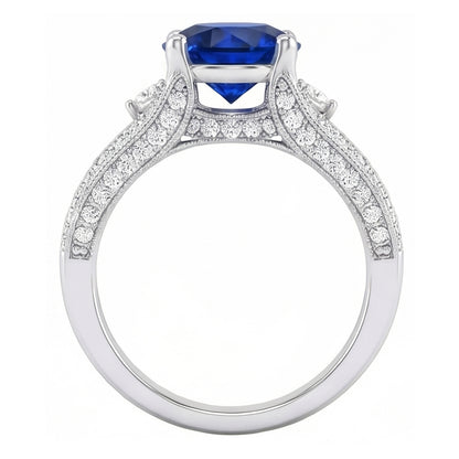 3 Ct Round Ceylon Sapphire And Natural Earth Mined Diamond Ring Solid White Gold 14K