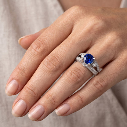 3 Ct Round Ceylon Sapphire And Natural Earth Mined Diamond Ring Solid White Gold 14K