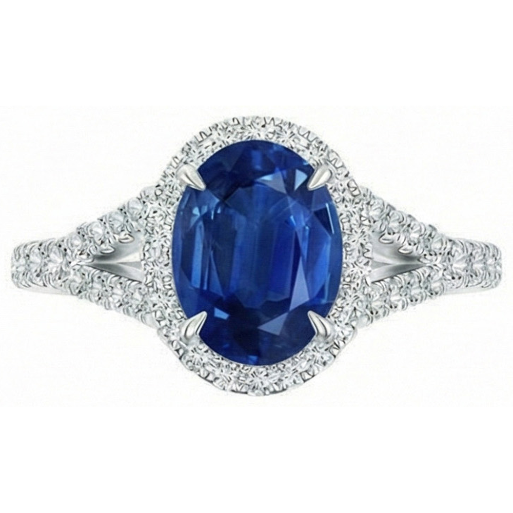 3 Ct Sapphire And Natural Earth Mined Diamonds Ring White Gold 14K Prong Set