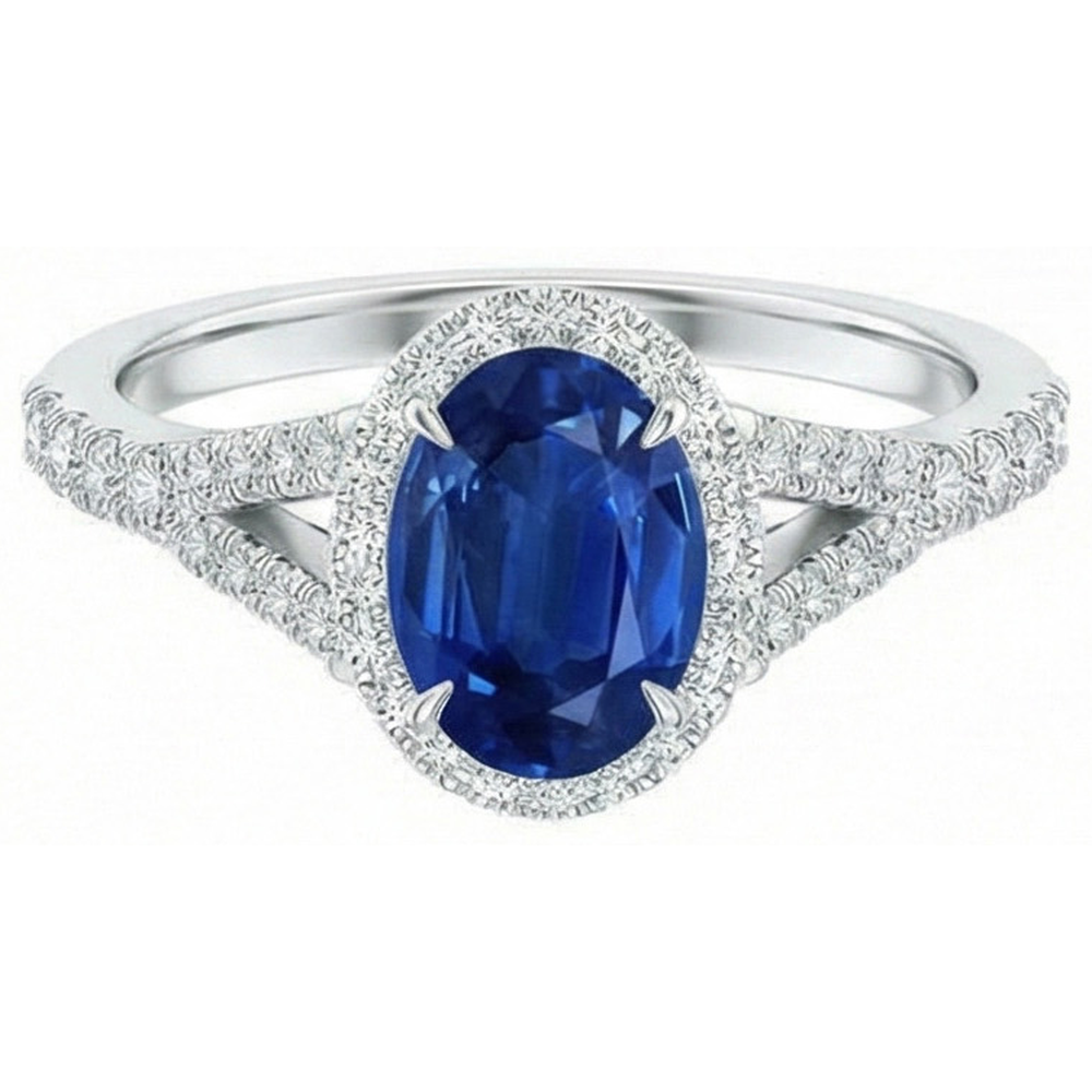 3 Ct Sapphire And Natural Earth Mined Diamonds Ring White Gold 14K Prong Set