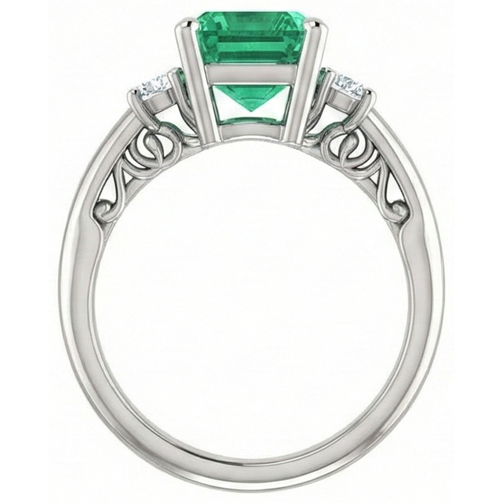 3 Stone 15.50 Ct. Green Emerald GIA With Natural Earth Mined Diamonds Ring Prong Set WG 14K