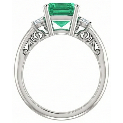 3 Stone 15.50 Ct. Green Emerald GIA With Natural Earth Mined Diamonds Ring Prong Set WG 14K