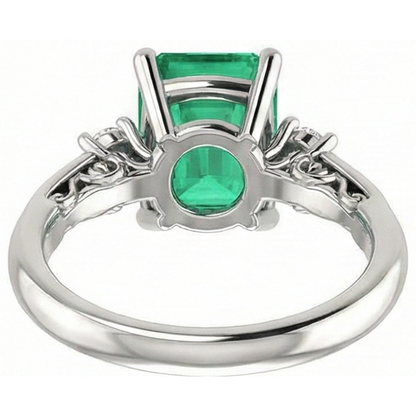 3 Stone 15.50 Ct. Green Emerald GIA With Natural Earth Mined Diamonds Ring Prong Set WG 14K