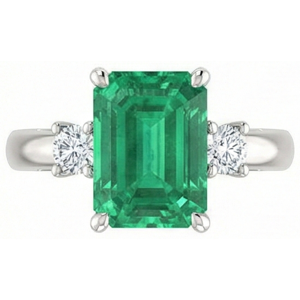 3 Stone 15.50 Ct. Green Emerald GIA With Natural Earth Mined Diamonds Ring Prong Set WG 14K