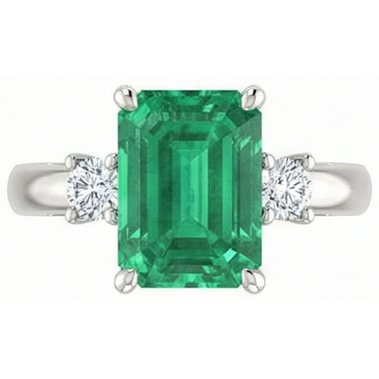 3 Stone 15.50 Ct. Green Emerald GIA With Natural Earth Mined Diamonds Ring Prong Set WG 14K