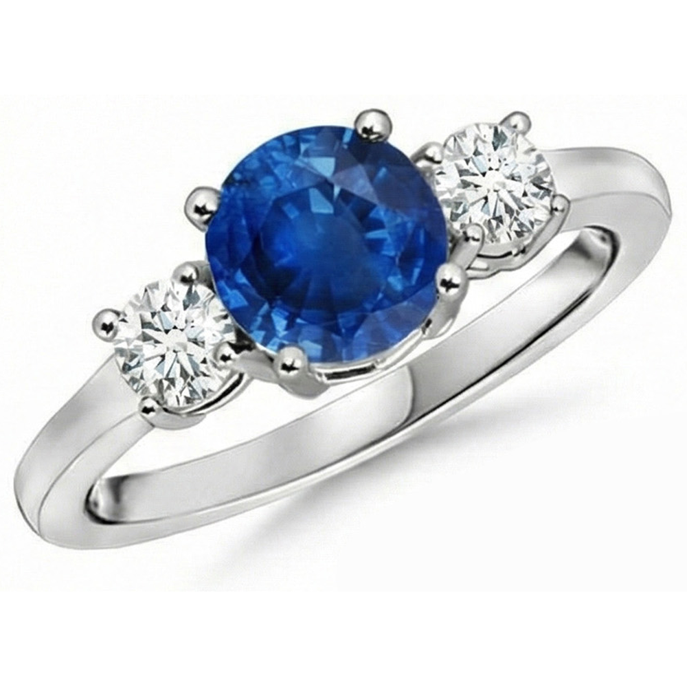 3 Stone 2.70 Carats Sapphire And Natural Earth Mined Diamonds Wedding Ring White Gold 14K