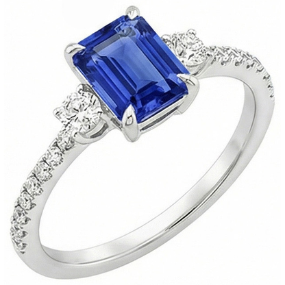 3 Stone Accented Engagement Ring Ceylon Sapphire & Natural Earth Mined Diamond 4.25 Carats