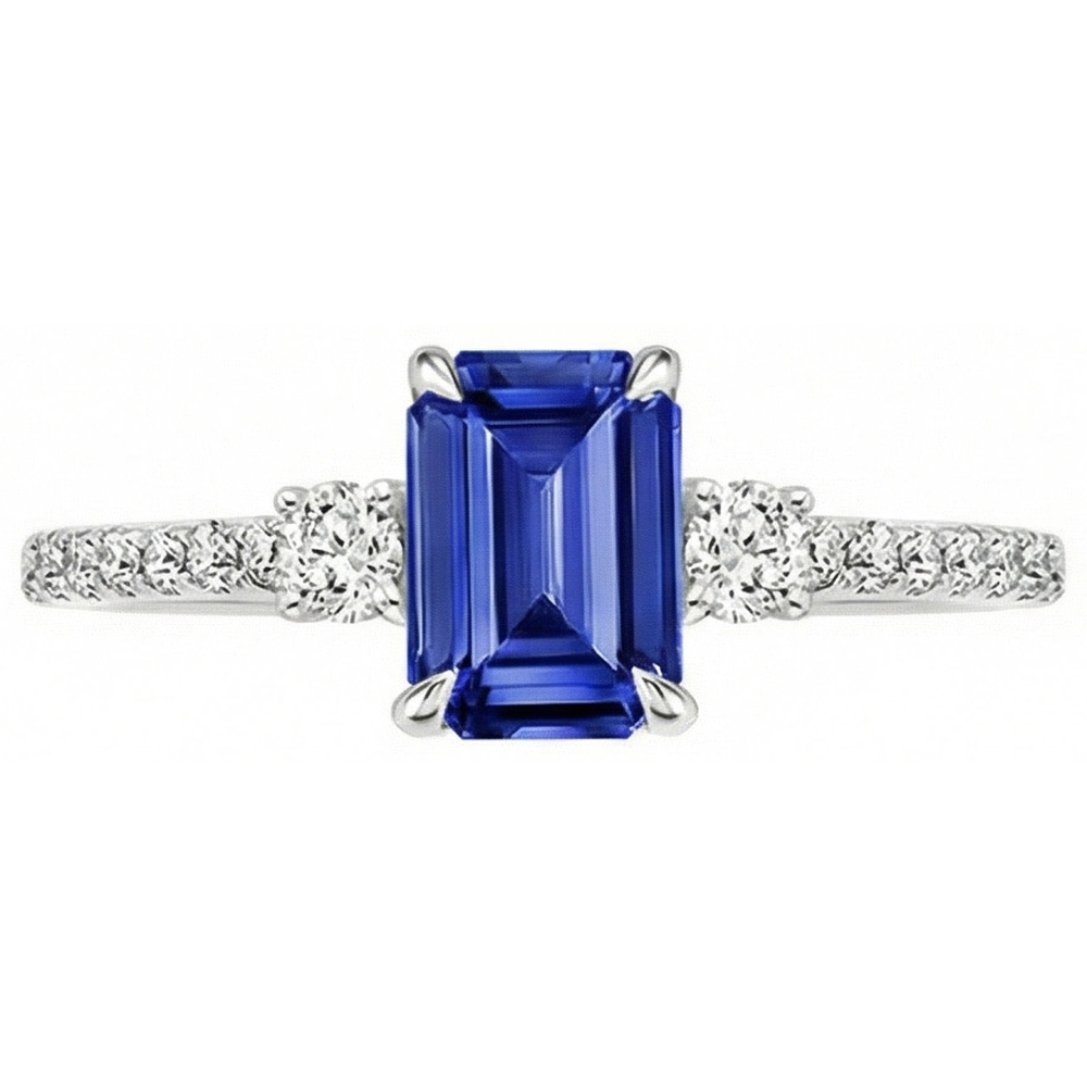 3 Stone Accented Engagement Ring Ceylon Sapphire & Natural Earth Mined Diamond 4.25 Carats