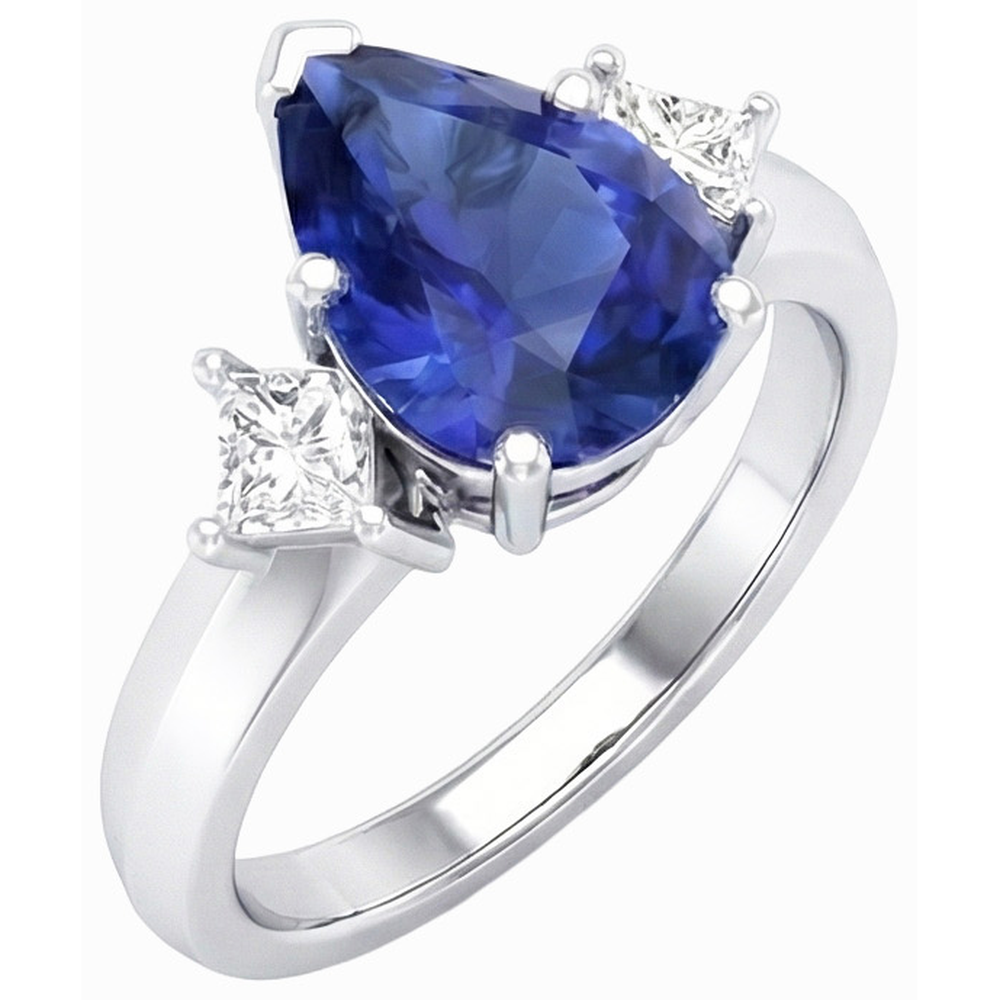 3 Stone Anniversary Ring Pear Ceylon Sapphire & Natural Earth Mined Diamonds 3.50 Carats