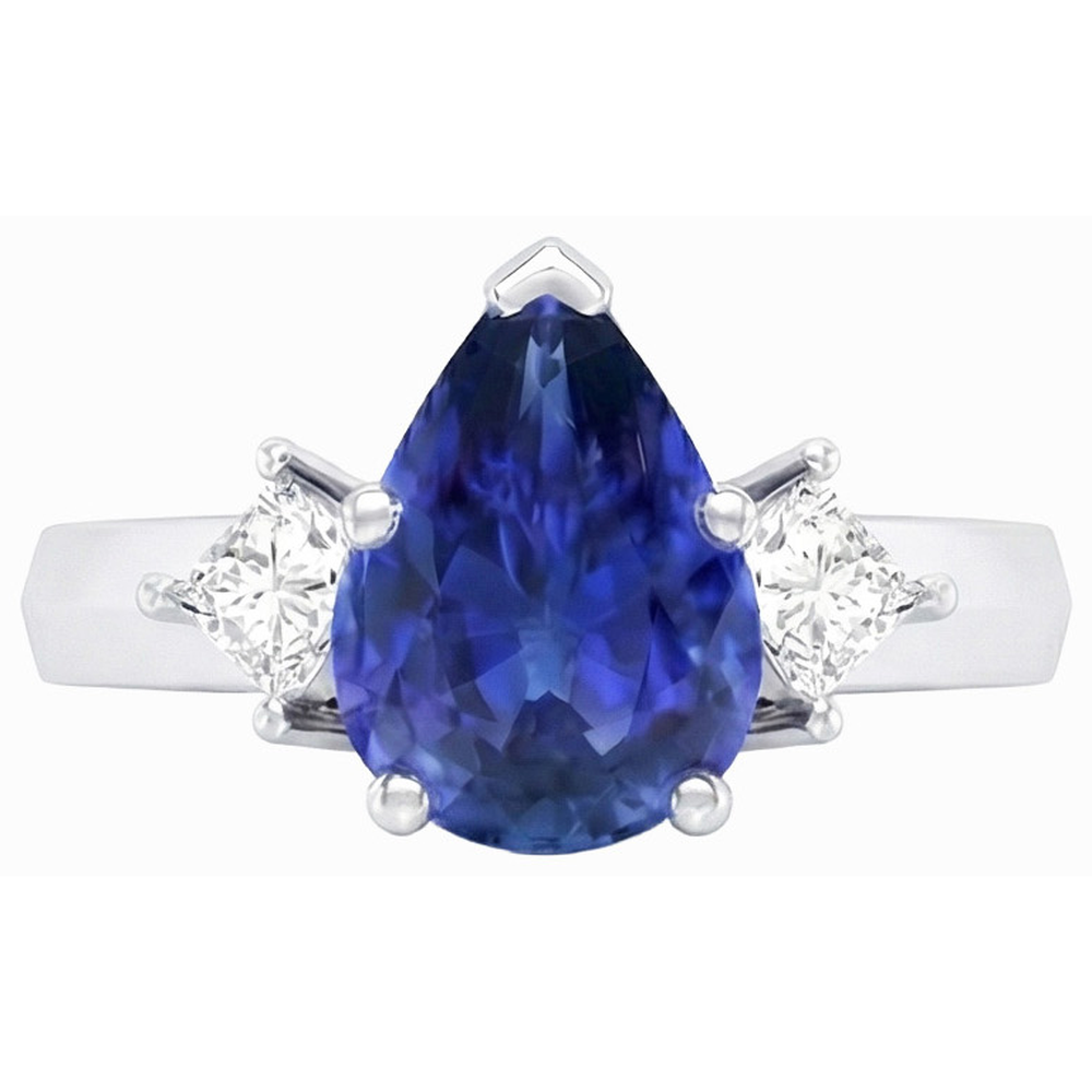 3 Stone Anniversary Ring Pear Ceylon Sapphire & Natural Earth Mined Diamonds 3.50 Carats