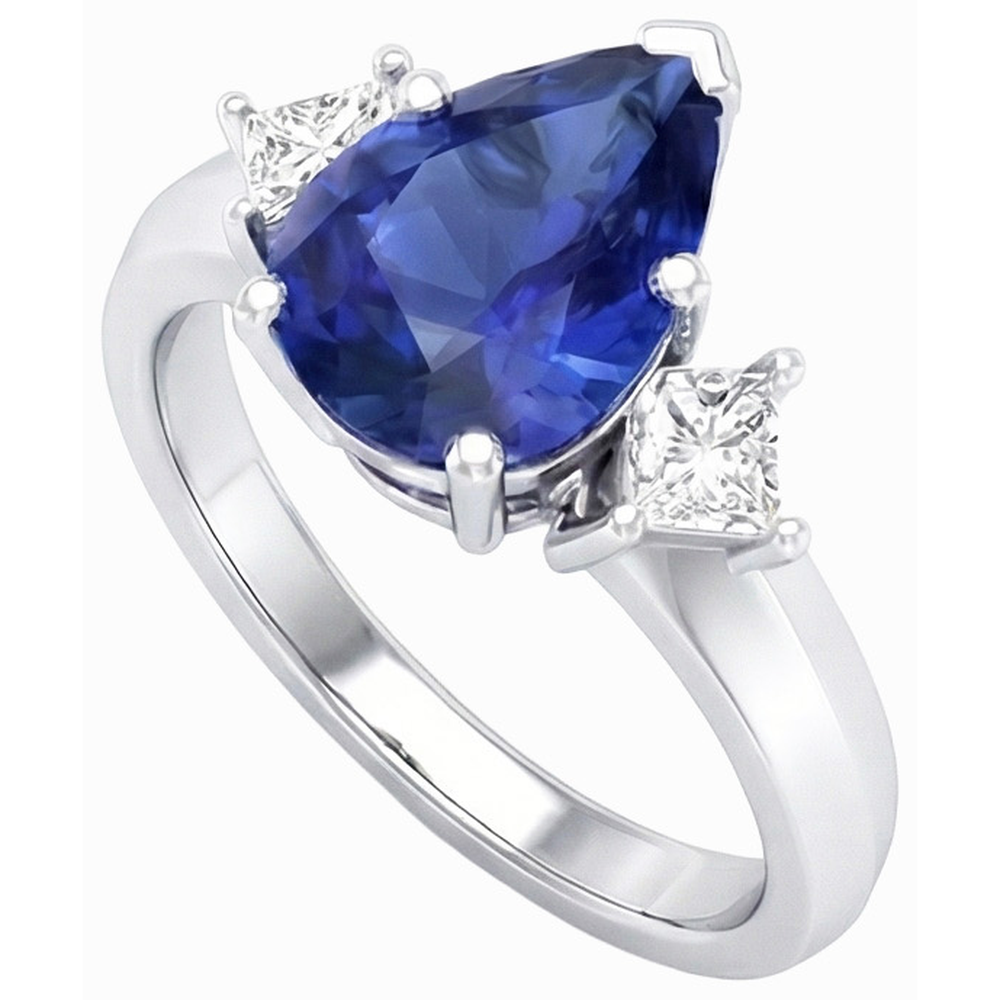 3 Stone Anniversary Ring Pear Ceylon Sapphire & Natural Earth Mined Diamonds 3.50 Carats